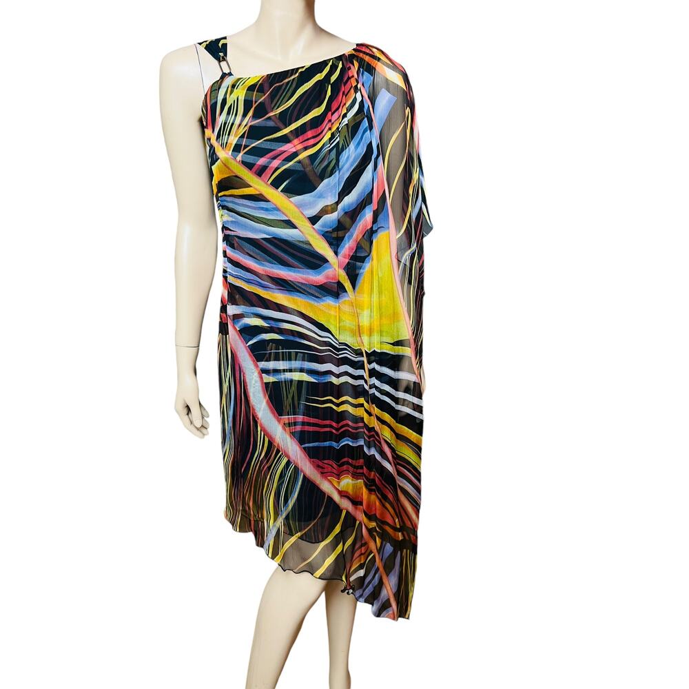 Monnari 100% Silk Midi One Shoulder Dress Sz 4 US Sleeveless Zipper Back Closure
